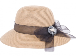 Blue Flower Black Bow Paper Golf Tennis Beach Women&#39;s Sun Hat - Dark Natural - £31.96 GBP
