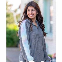 Grey Pastel Tie Dye Sleeves Sherpa Quarter Zip Pullover Large - £30.86 GBP