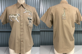 Marquis Safari Tiger Elephant Giraffe Embroidered Button Shirt 14.5 / 32... - $21.02