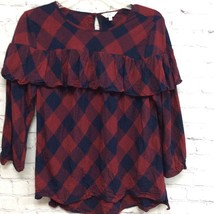 Crown &amp; Ivy Womens Blouse Red Blue Buffalo Plaid 3/4 Sleeve Ruffles Keyhole M - £6.71 GBP