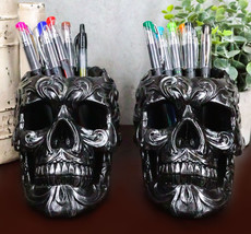 Ebros Set of 2 Tribal Tattoo Floral Skulls Stationery Pen Holder Desktop - $39.95