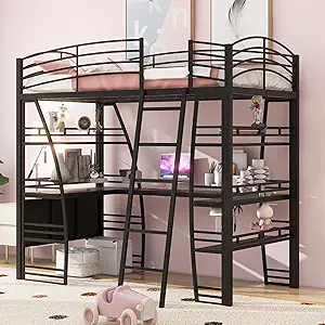 Twin Size Loft Bed With 4 Layers Of Shelves And L-Shaped Desk, Stylish Metal Fra - £538.98 GBP