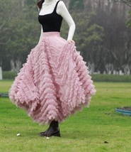 PINK Tiered Tulle Maxi Skirt Women Custom Plus Size Ruffle Tulle Skirt image 1