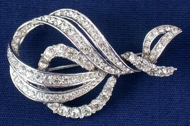 Vintage A&amp;S Attwood &amp; Sawyer Rhinestone Ribbons Pin Brooch Silver Tone Signed - £14.35 GBP