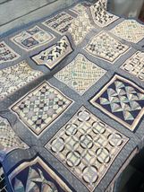 VINTAGE QUILT THROW - 80’s HEARTS WHITE BLUE PINK KHAKI 41" X  41” READ - $21.78