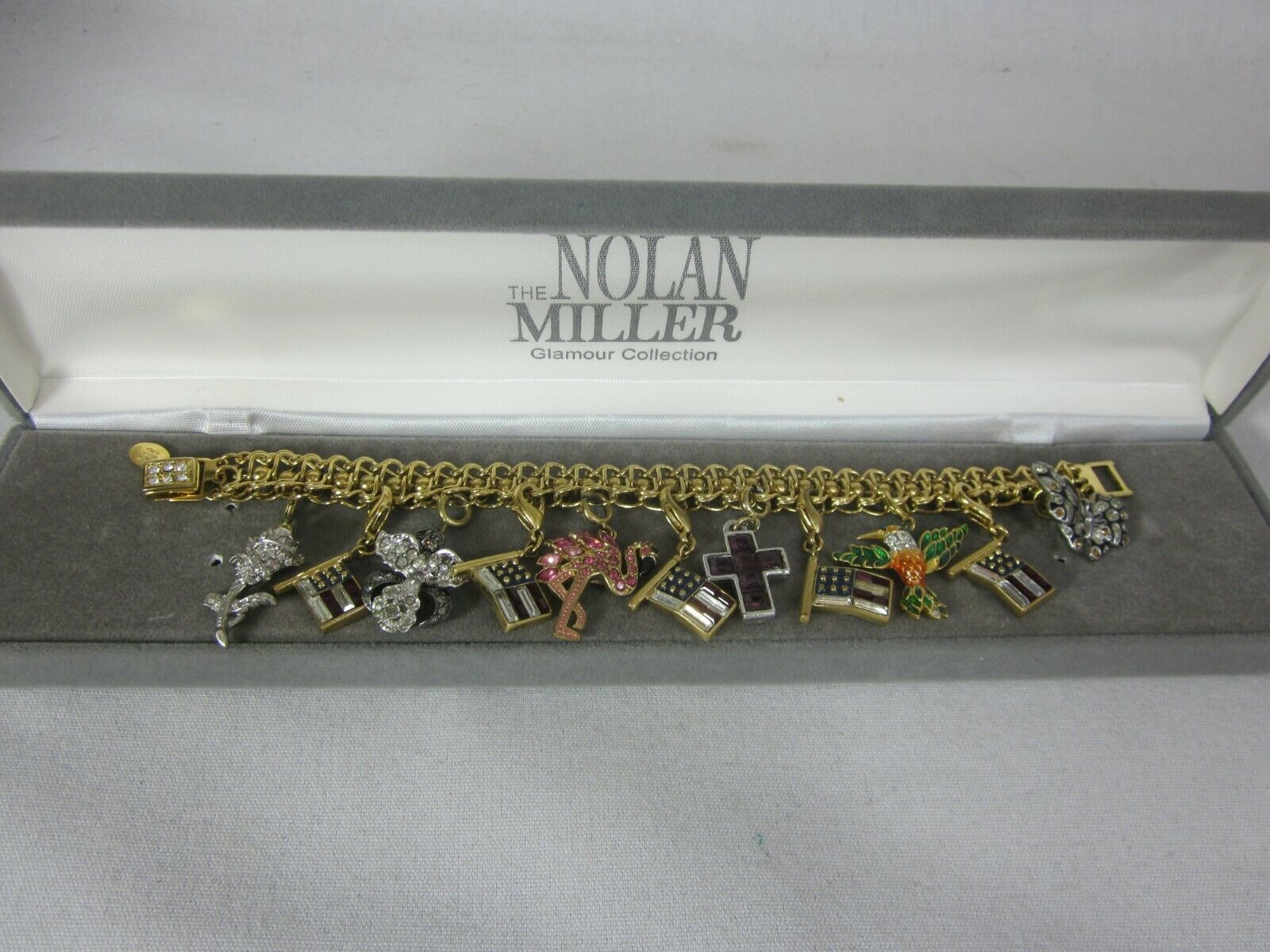Nolan Miller KJL Flag Flower Bird Charm Bracelet Glamour Collection 7" - $148.49
