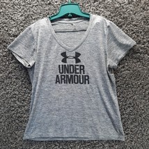 Under Armour Shirt Women Large Gray V Neck Short Sleeve Activewear Sport... - $7.76