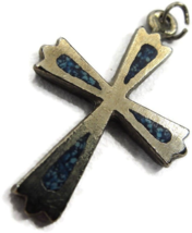 Turquoise Silver Tone Cross Charm Pendant Patina Vintage - £11.82 GBP