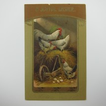 Easter Postcard Rooster Chickens Eggs in Hay Barn Gold Embossed Antique 1909 - £7.97 GBP