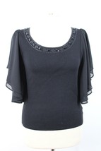Jones New York S Black Sequin Neckline Flutter Sleeve Knit Top Shirt - £20.81 GBP