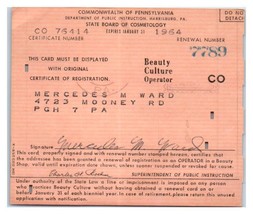 Pennsylvania Beauty Culture Operator Cosmetology License Card 1960&#39;s - £19.34 GBP