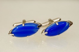 Vintage Mens Jewelry Silver Metal Blue Slag Glass Inset SWANK Cuff Links - $19.79