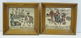 Vintage Framed Pair Cloth Stitched American Scenes Boston Tea Paul Revere 1970s - £7.44 GBP