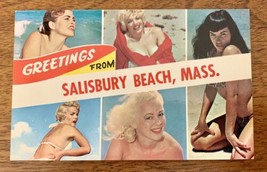 Vintage Postcard Greetings From Salisbury Beach Mass Pinup Bikini Girls Unused - £39.47 GBP