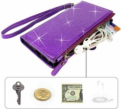 LG Velvet 5G Wallet Case Premium PU Leather Flip Zipper Card Slots Bling Purple - £32.76 GBP