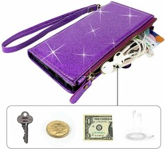 LG Velvet 5G Wallet Case Premium PU Leather Flip Zipper Card Slots Bling Purple - £32.76 GBP