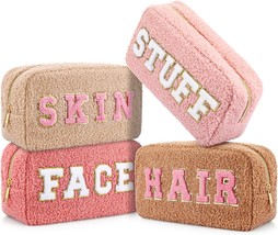4 Pcs Chenille Letter Preppy Patches Makeup Bag Plush Fuzzy Makeup Bag Hair Skin - £44.79 GBP