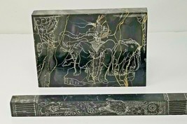 Paperweights Elephants Hand Carved Etched Black Marble Decorated Vintage  - £22.01 GBP