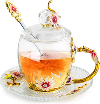 SHEEYEE Vintage Glass Tea Cup and Saucer Set with Lid and Spoon, Enamel Daisy Fl - £38.22 GBP