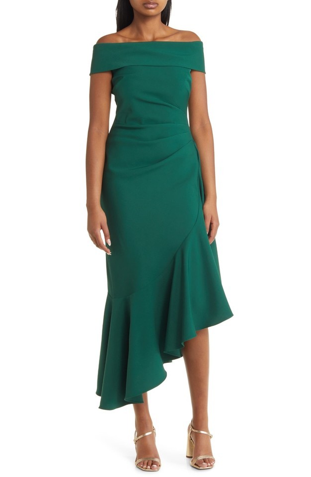 Eliza J EJ2-0060 Off the Shoulder Ruffle Cocktail Dress Sz 10 Hunter Gre... - $95.63