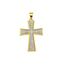 925 Sterling Silver Yellow Gold Plated CZ Cross Hip Hop Pendant Necklace - £19.50 GBP+