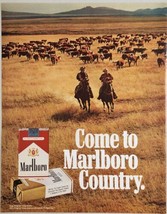 1972 Print Ad Marlboro Cigarettes 2 Cowboys on Horses &amp; Herd of Cattle - $15.37