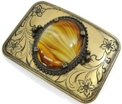 Gold Tone Scroll Leaf Design Brown Wavy Marble Center Belt Buckle 2 1/2&quot;... - £38.92 GBP