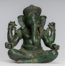 Ganesh Statue - Antique Khmer Style Seated Bronze Ganesha 29cm/12&quot; - £883.08 GBP