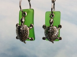 Sea Beach Green Glass Dangle Earrings Sea Turtles Surgical Steel Ear Wire   - £18.53 GBP