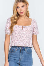 Beige Casual Short Sleeve Floral Shirring Print Woven Top_ - £7.99 GBP