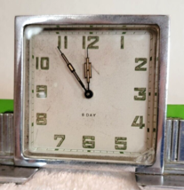 Vintage ART DECO 8 Day 6 Rubis Wind Up Shelf or Mantle Clock Chrome Green Glass - £191.04 GBP