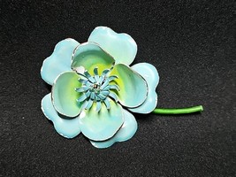 Vintage Enamel Flower Brooch Light Blue Green Stem Mid Century Retro Pin - $19.39