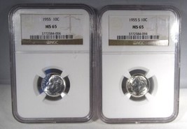 1955 &amp; 1955-S Silver Roosevelt Dimes Both NGC MS65 GEM AN737 - £22.82 GBP