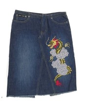 DKNY Jeans  Blue Denim Straight Skirt Dragon Embroidery Vintage Women Size 0 *** - £26.73 GBP
