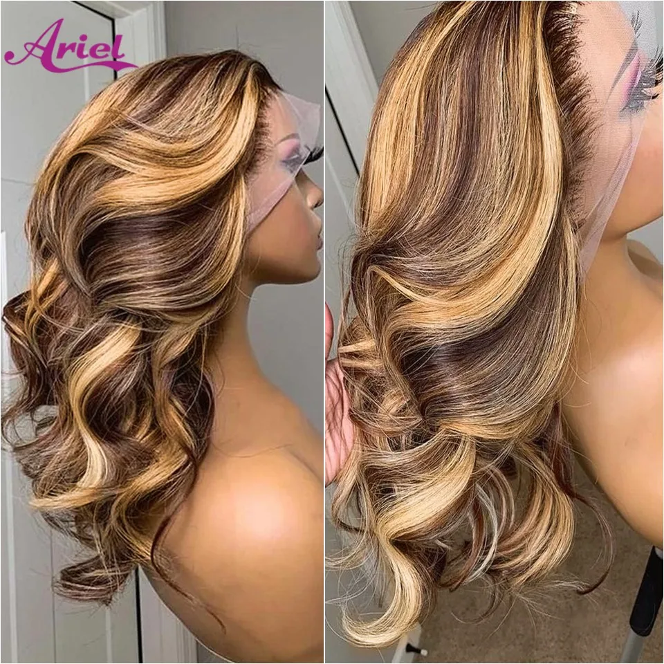 13x6 Highlight Wig Human Hair Body Wave Honey Blonde Brown Colored Lace Fro - £46.60 GBP+