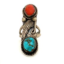 Vtg Sterling Fred Harvey Era Old Pawn Coral and Turquoise Stone Leaf Ring 5 1/2 - £75.17 GBP