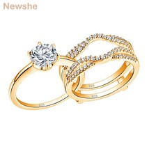 Yellow Gold Color 925 Silver Solitaire Brilliant Round Engagement Rings Set CZ W - £59.56 GBP