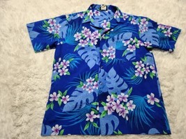 Hilo Hattie Hawaiian Shirt Mens L Blue Purple Beach Floral Flowers Summer VTG - £13.21 GBP