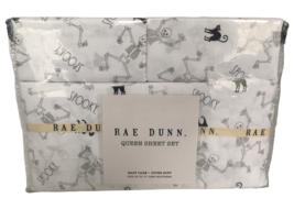 Rae Dunn Halloween Queen Sheet Set Skeleton Black Cat Fitted Flat Pillowcases - £35.45 GBP