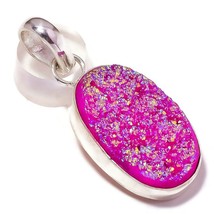 Pink Titanium Druzy Oval Gemstone 925 Silver Overlay Handmade Pink Stone Pendant - £7.95 GBP