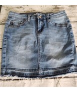 Kancan Denim Jean Mini Skirt Size 1 Stretch Released Hem Back Slit Distr... - £13.32 GBP
