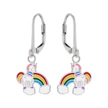 Unicorn Rainbow &amp; Clouds 925 Silver Leverback Earrings - £14.93 GBP