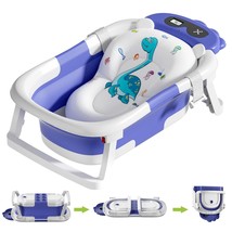 Baby Bathtub, Collapsible Baby Bathtub With Thermometer, Portable Travel, Blue - $51.99