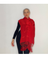 Vintage Red Silk Shawl Embroidered Shawl Wrap Fringed Shawl - $473.49 CAD