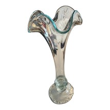 Vintage Faviluso Hand-Blown Art Glass Trumpet Vase – Green Edged Clear G... - $41.00