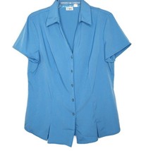 Cato Size L Womens Blouse Button Front V-Neck Short Sleeve Solid Blue - $12.97