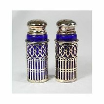 Pair COBALT BLUE Glass Silverplate SALT &amp; PEPPER SHAKERS - £23.34 GBP