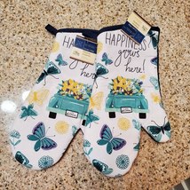 Oven Mitts set of 2, blue, Happiness Grows Here, Cottagecore Farmhouse kitchen
