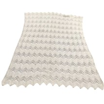 Vintage White Chevron Stripes Afghan Throw, Hand Knitted or Crocheted Zig Zag - £80.68 GBP