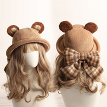 Lady Lolita Girl Cute Kawaii Bear Ear Bucket Hat Big bowknot Bowler Hat Handmade - £17.05 GBP